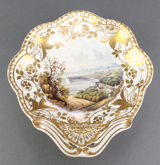 A 19th Century Spode scallop shaped dessert dish with gilt decoration and view of Penzance Cornwall 8 1/2" 