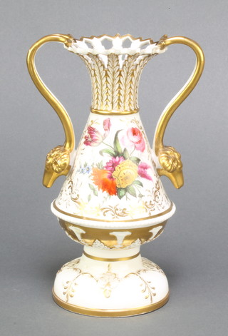 A 19th Century Spode 2 handled vase with pierced rim, the gilt decoration with a band of spring floral sprays, having scroll and rams head handles, bearing a label - Spode Bi-Centenary Exhibition Royal Academy 1970, 7 1/2" 