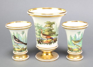 A Spode trio of vases decorated with exotic birds, the largest marked Egyptian Goose 6", the pair marked Willow Wren 1805 and Long Tailed Titmouse 1805 4 1/2" 