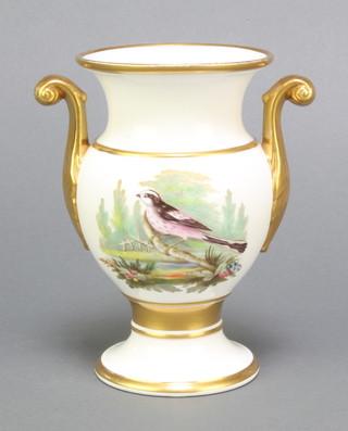 A 19th Century Spode 2 handled vase with gilt decoration and panels of birds Long Tailed Titmouse and Grey Wagtail 6" 