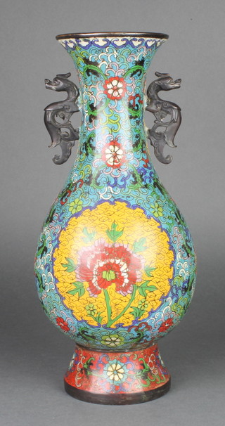 A Japanese bronze enamelled twin handled vase with floral decoration, the base with seal mark 13 1/2" 