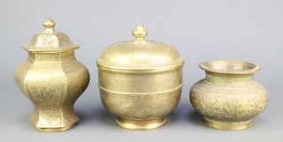 A Chinese octagonal bronze urn and cover, the base with seal mark 7", a circular Indian bronze jar and cover 5", a cast bronze circular vase 4" 