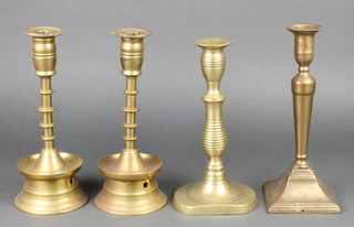 A 19th Century brass Adam style candlestick 10", 1 other 19th Century brass ditto 9", a pair of 17th Century style brass candlesticks (drilled for lamps) 10"  