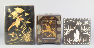 A rectangular Japanese lacquered box, the lid decorated an eagle 3" x 9 1/2" x 7" ,a ditto cabinet the interior fitted 3 drawers enclosed by panelled doors 7" x 6" x 6", a Chinese square box the lid inlaid mother of pearl decorated 2 standing figures 3" x 6 1/2" square  