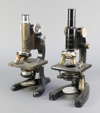 A student's Cooke, Troughton and Simms Ltd single pillar microscope marked I V = 002MM together with a Beck model 29 single pillar microscope marked 17102 
