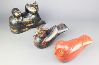 A Chinese lacquered trinket box in the form of a seated cat with kitten 7" x 12" and 2 others in the form of owls 6" x 10" 