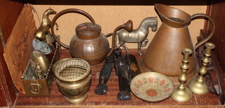 A copper Harvest style measure 14", a copper watering can 7", 2 African carved figures, a pair of 19th Century brass candlesticks, 2 embossed leather plaques together with a quantity of miscellaneous metalware 