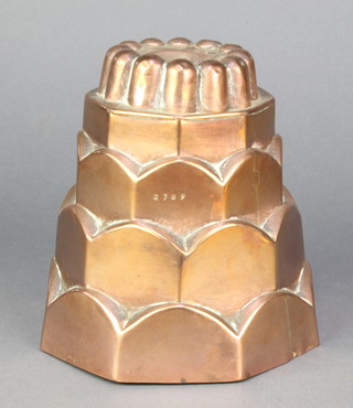 A 19th Century shaped copper jelly mould marked 2789 6 1/2"h 

