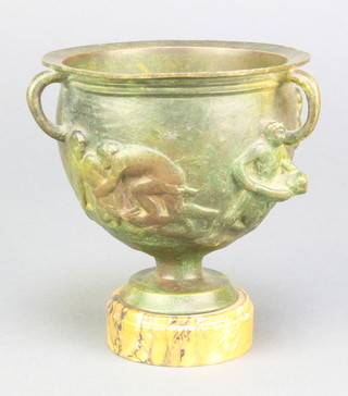 A 19th Century bronze 3 handled urn decorated fighting figures, raised on a marble base 4 1/2" 
