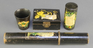 A Victorian black lacquered motto needle case 9 1/2", 1 other 3", a beaker and a trinket box 2 1/2" x 3" x 2 1/2" 