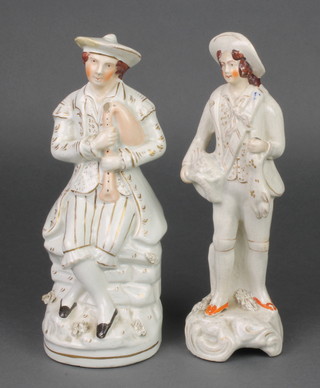 A Victorian Staffordshire figure of a seated bagpipe player 10", a ditto of a hunter 10" 