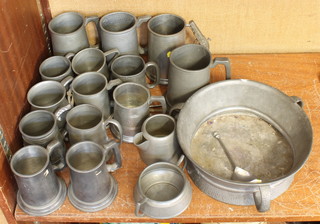 An Art Nouveau  Lion pewter planished 3 handled dish 4" x 10", an Armada pewter twin handled sugar bowl and cream jug, 4 pewter pint tankards, 10 pewter half pint tankards and a seal end spoon 