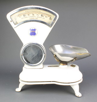 A Mattocks enamel and chromium plated double sided shop scale 1oz - 2lbs 19"h x 15"w x 7"d  
