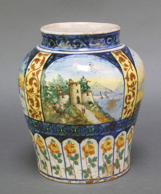 A 19th Century Italian polychrome Majolica four seasons baluster vase decorated with landscape views and flowers 8" 