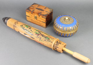 A cylindrical Continental blue glazed pottery bowl and cover with gilt mounts 6", a hardwood box with brass mounts 4" x 6" x 4" and a parasol