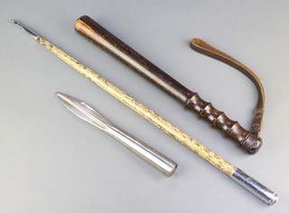 A turned wooden Police truncheon 14 1/2", a double headed pike head 9" marked 1460 and an American swagger stick formed from a chrome bullet case