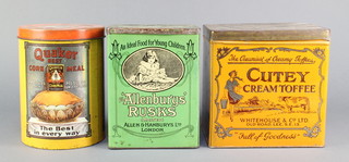 A Cutey Cream Toffee tin, an Allen & Hanburys Ltd The Allenbury's Rusk tin, Quaker's best corn meal tin