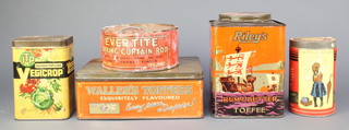 A Riley's rum and butter toffee tin, an Evertite spring curtain rod tin, a Waller's toffee tin, an ITP Vegicrop tin and a Menier's powdered chocolate tin 