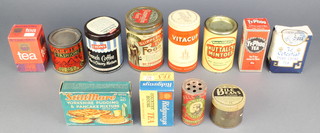 A tin of malted Slippery Elm food,  ditto Nuttall's Mintoes, a packet of Typhoo Tea, International Ceylon tea, packet of Ridgeway's Country House Tea and other packaging etc 