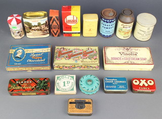 A Slade's butterscotch tin, a Murphy's Bordeaux powder tin, Lanalol No.2 hair food bottle and a carton of Lions Nippy Chocolate and other cartons