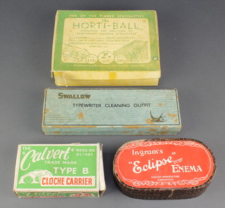 A Swallow typewriter cleaning outfit boxed, an Ingrams 'Eclipse' enema boxed, a Calvert Type B Cloche carrier, boxed and the Horti-ball boxed 
