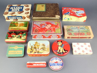 A tin of Chelsea Royal Boot Dubbin, an Edward Sharpe chocolate tin, an Imperial Leather gift set boxed, a Dubarry talcum powder Christmas set boxed and other tins etc 