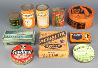 A tin of The Ivy burning oil, 2 tins of Ovaltine, Rayling's The Wonder Polish, a tin of Lyons pure ground coffee and other tins 