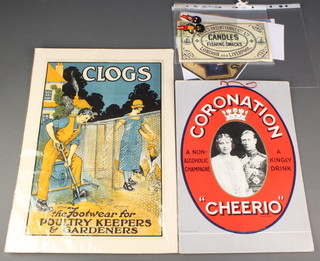 A poster for Clogs Footwear 14 1/2" x 9 1/2", a 1937 Coronation Cheerio non alcoholic champagne poster 13" x 10" together with other reproduction labels 