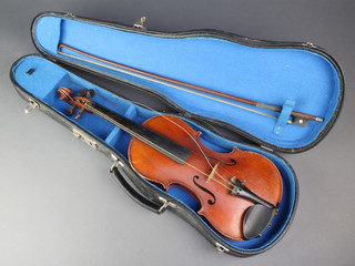 A violin with 1 piece back 13", bears label L.Hill, together with a fibre carrying case and bow 