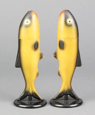 A pair of plastic lidded receptacles in the form of trout 7 1/2" 