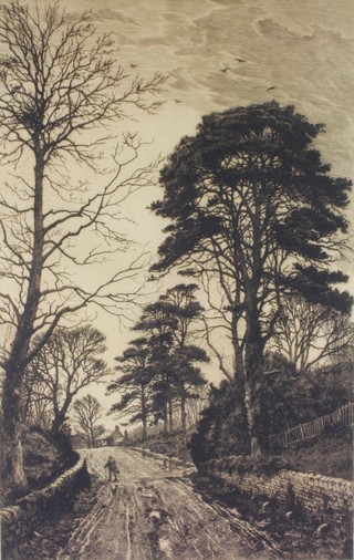 Fred Slocombe, etching a country lane with figure, contained in a maple and walnut frame 23" x 14 1/2" 