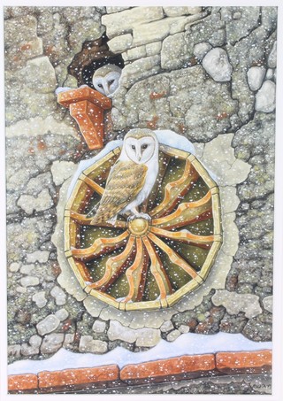 Richard W Orr, watercolour, signed, study of barn owls in a nest and seated on a wheel within a flint wall 19 3/4" x 13 3/4" 