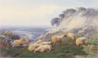 Williamson 1873, watercolour signed, study of sheep on a hillside with distant landscape 10 1/4" x 12 1/4" 