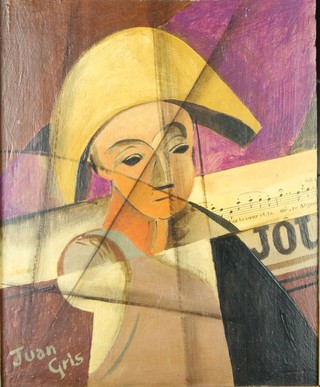 After Juan Gris, oil on panel, a cubist study of a jester 10 1/2" x 9 1/2" 