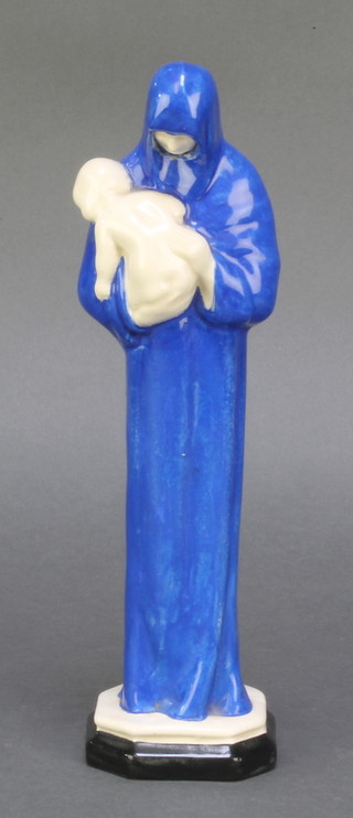 Ashtead Pottery, a blue glazed pottery figure of the Madonna and child, inscribed Phoebe Stabler 9" 