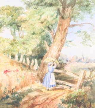 An Edwardian watercolour, unsigned, a lady in a country landscape 10 1/2" x 6 1/2" 