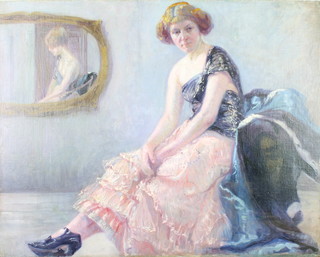 Early 20th Century, oil on canvas, unsigned, study of  seated lady with reflection in a mirror 25" x 31 1/2"  