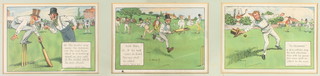 C H Crombie, 3 prints of amusing Perrier advertising cricketing studies, framed as one 6 1/4" x 8 1/2" 