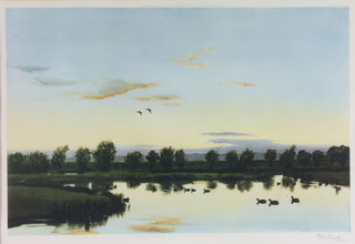 Peter Scott, prints, signed in pencil, landscape at sunset with birds 15" x 21 1/2" 