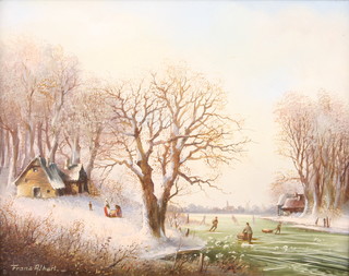 Franz Albert, oil on board, Continental winter landscape with figures 7 1/2" x 9 1/2" 