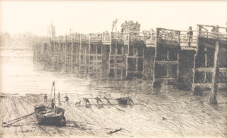 E V Wayne, 1884, etching, a bridge over the Thames (possibly Putney Bridge) 9 3/4" x 9 1/2" 