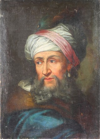 A 19th Century oil painting on canvas, unsigned, study of a gentleman wearing a headdress  18 1/2" x 13" 