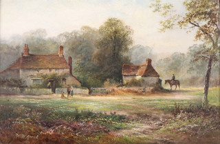 W W Acock, oil on canvas, signed, a figure on a horseback and figures before country cottages 7 1/2" x 12"  