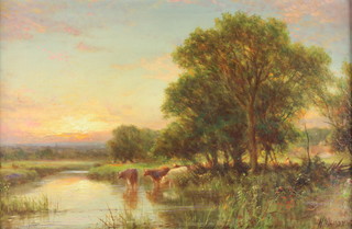 Henry Maidment, oil on canvas, signed, a study of cattle by a river at sunset 11" x 17 1/2" 