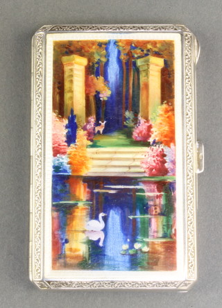 A Continental silver and guilloche enamel lady's cigarette case with garden scene with deer and swan 3" x 2" 