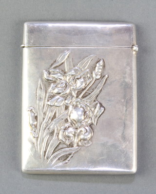 A Sterling silver repousse Art Nouveau style card case decorated with irises 102 grams 4" x 3" 
