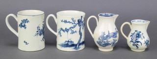 An 18th Century Worcester blue and white mug decorated with fruits and flowers 3 1/2", a ditto Walk in Garden pattern with Clayber & Clayber label 4 1/2", a do. cream jug with plain spout and garden landscape 3" and a ditto with floral sprays 2 1/2" 