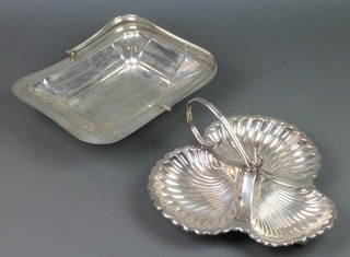 A silver plated 3 section hors d'oeuvres dish and a ditto swing handled basket