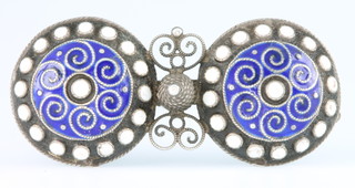 Two Continental silver and enamel brooches with wire work decoration 