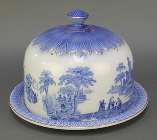 A Staffordshire Flo-Bleu Venetian design cheese dish and cover decorated with figures in Continental landscape 12"